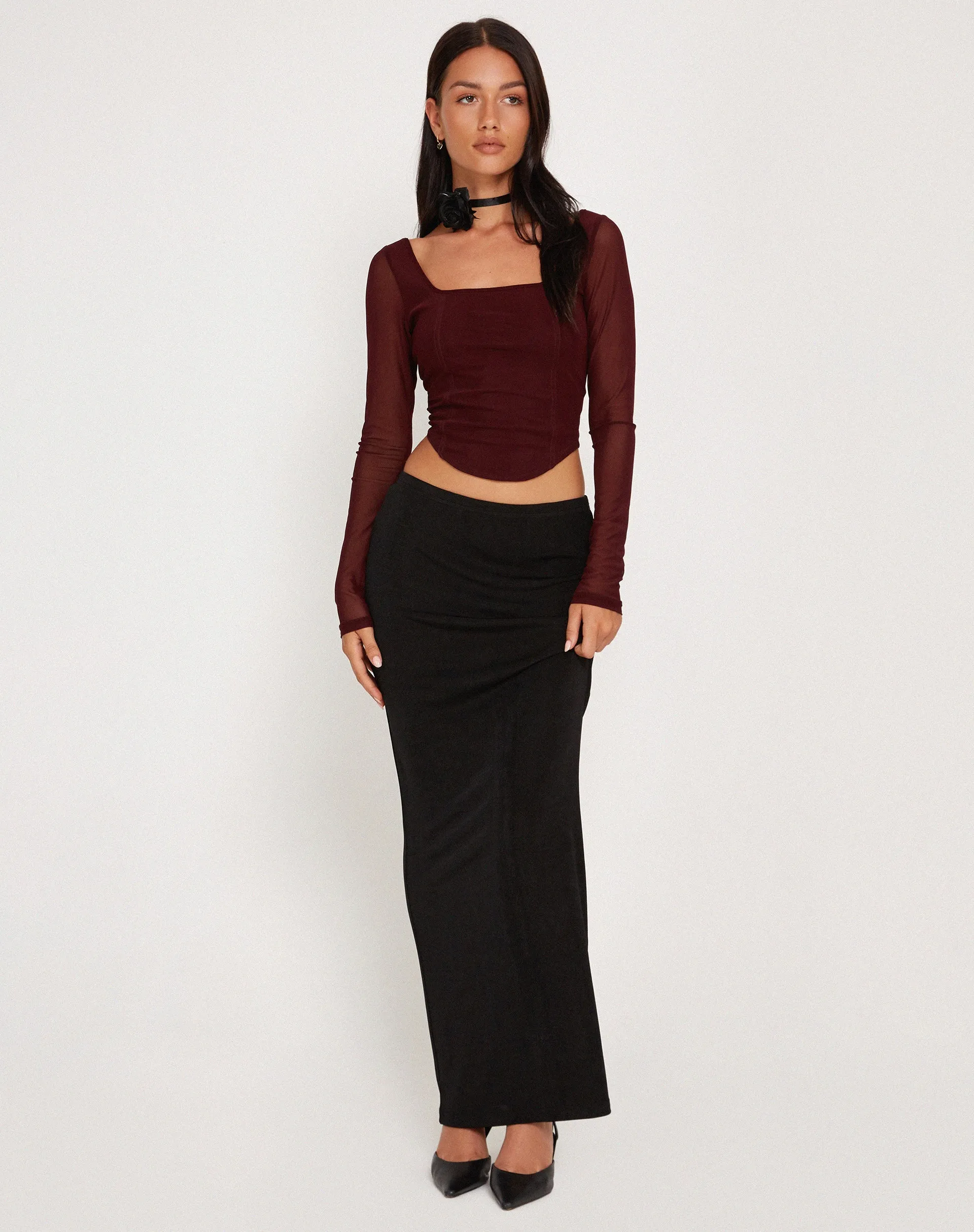 Helsiva Long Sleeve Crop Top in Mesh Burgundy