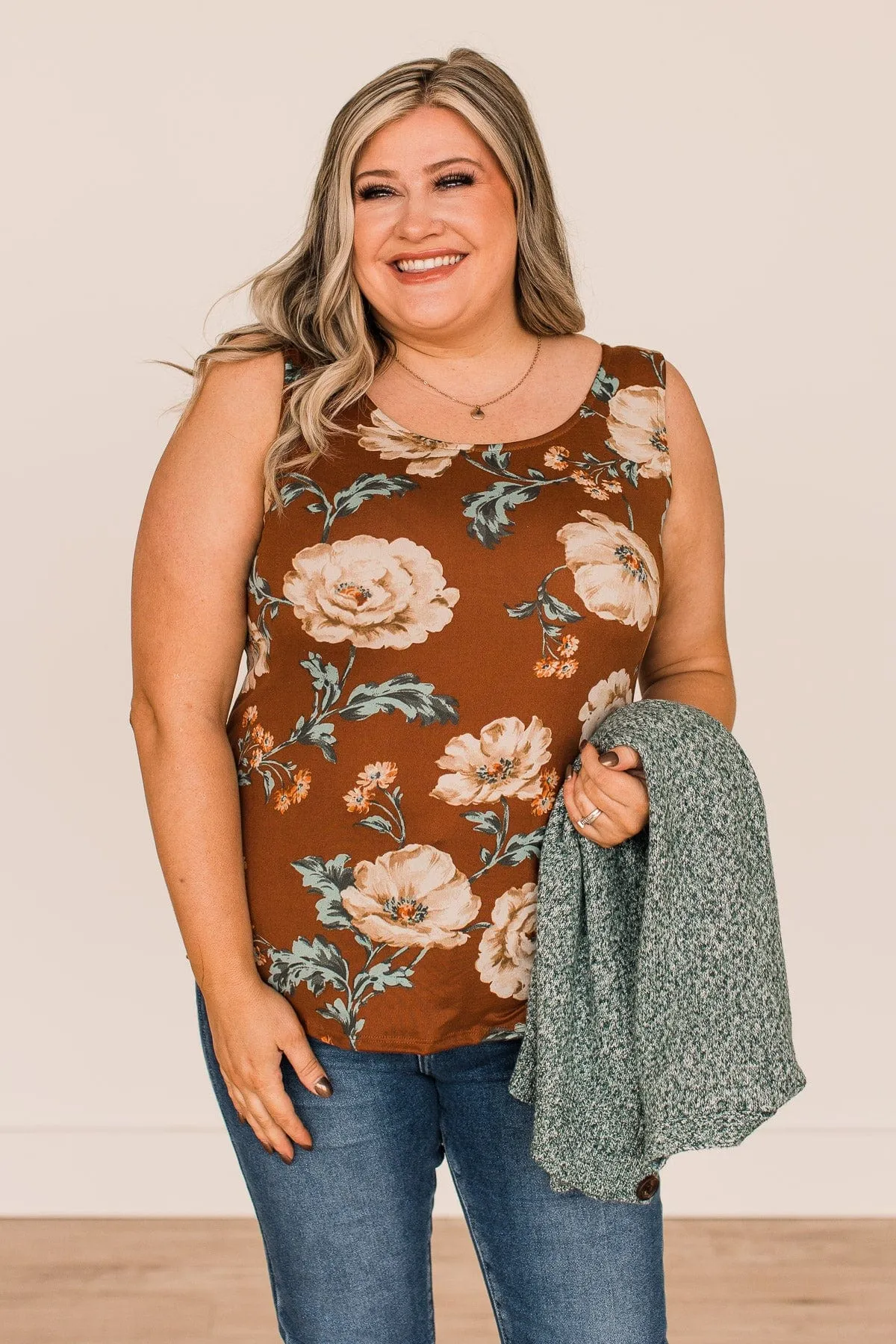 Keep It Up Floral Tank Top- Brown