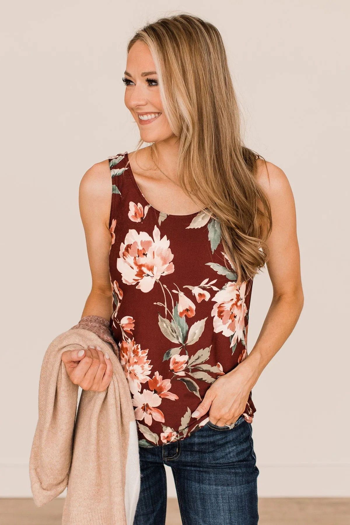 Keep It Up Floral Tank Top- Deep Burgundy