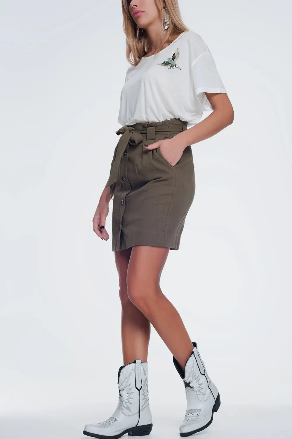 Khaki Tie Waist Mini Skirt