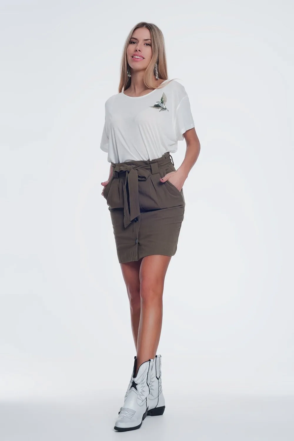 Khaki Tie Waist Mini Skirt