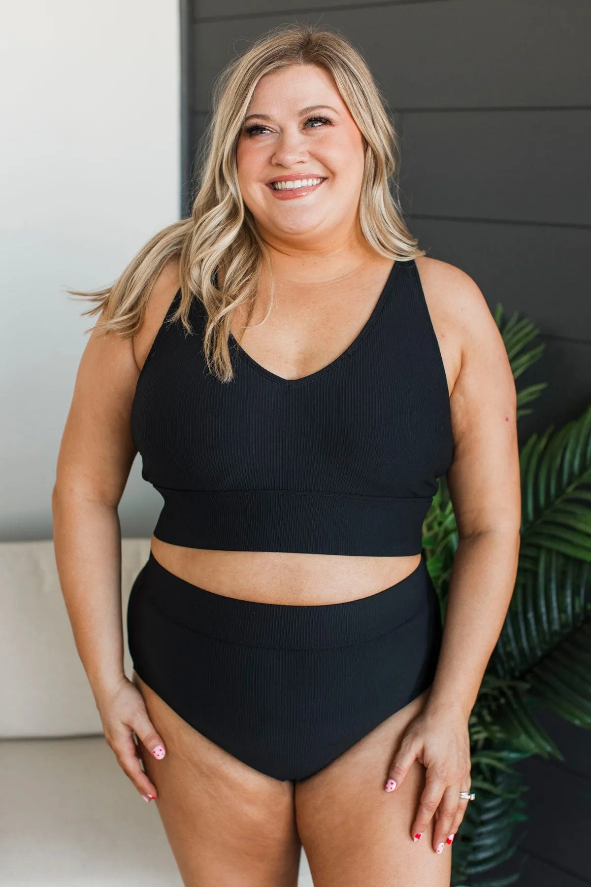 Kissed By The Sun Bikini Swim Top- Black Ribbed