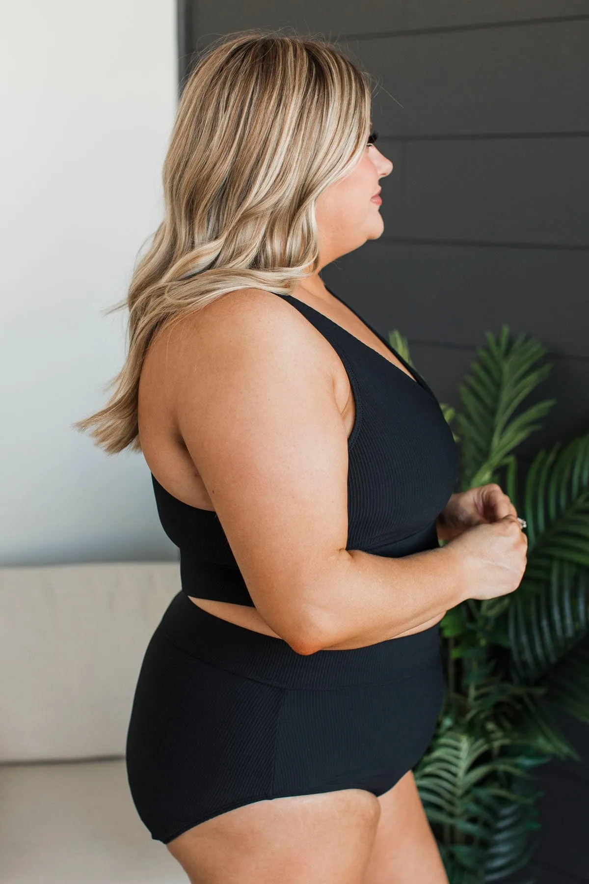 Kissed By The Sun Bikini Swim Top- Black Ribbed