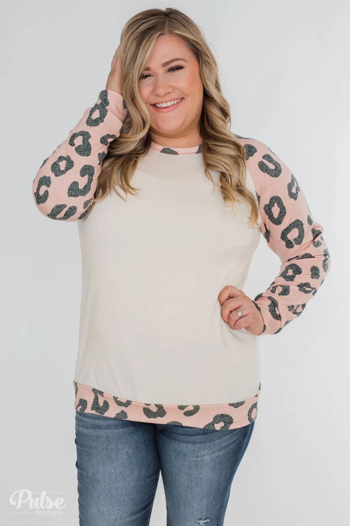 Leopard Raglan Long Sleeve Top- Blush Pink