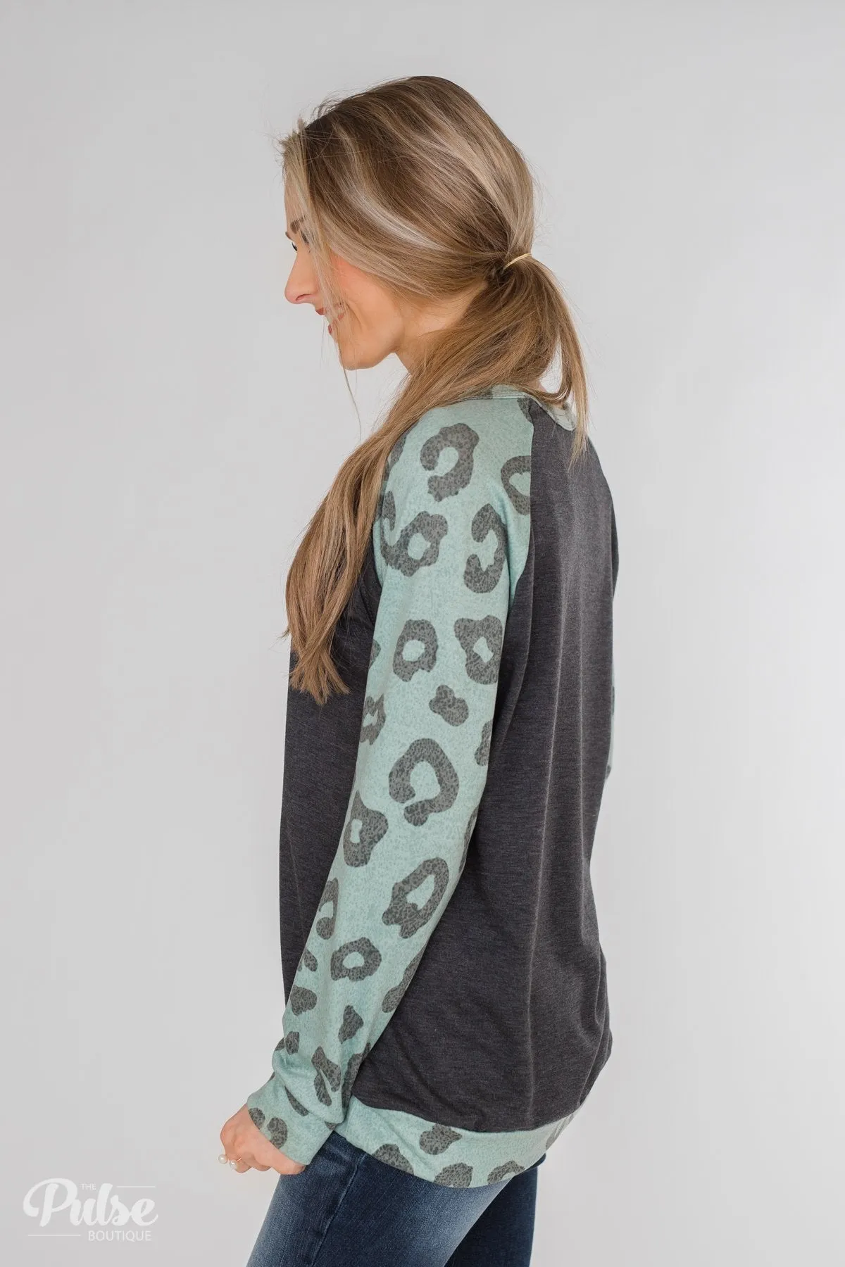 Leopard Raglan Long Sleeve Top- Soft Teal