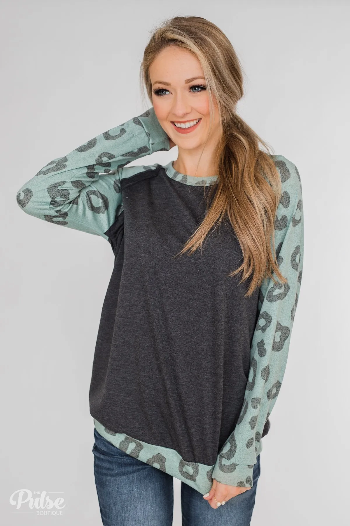Leopard Raglan Long Sleeve Top- Soft Teal