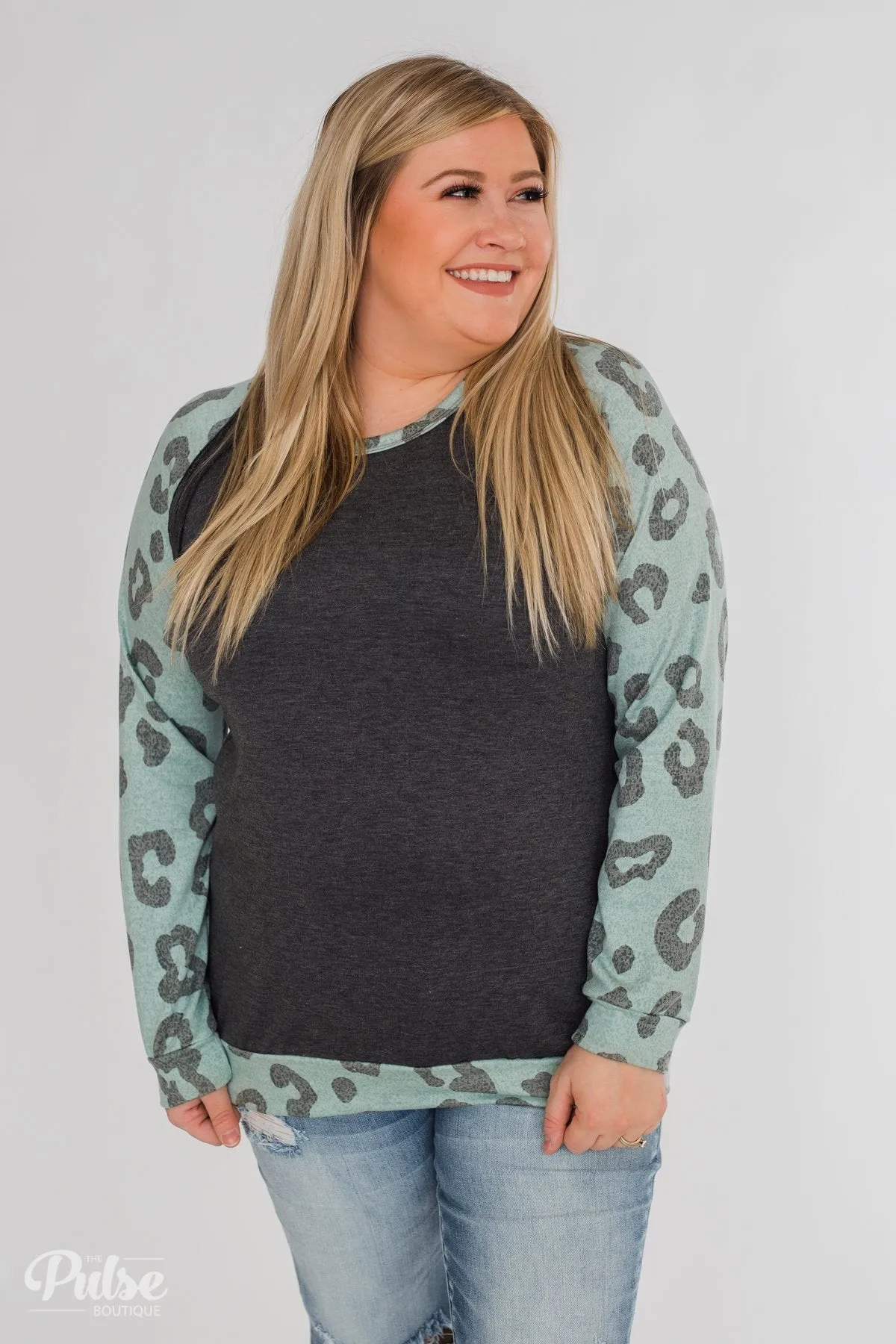 Leopard Raglan Long Sleeve Top- Soft Teal