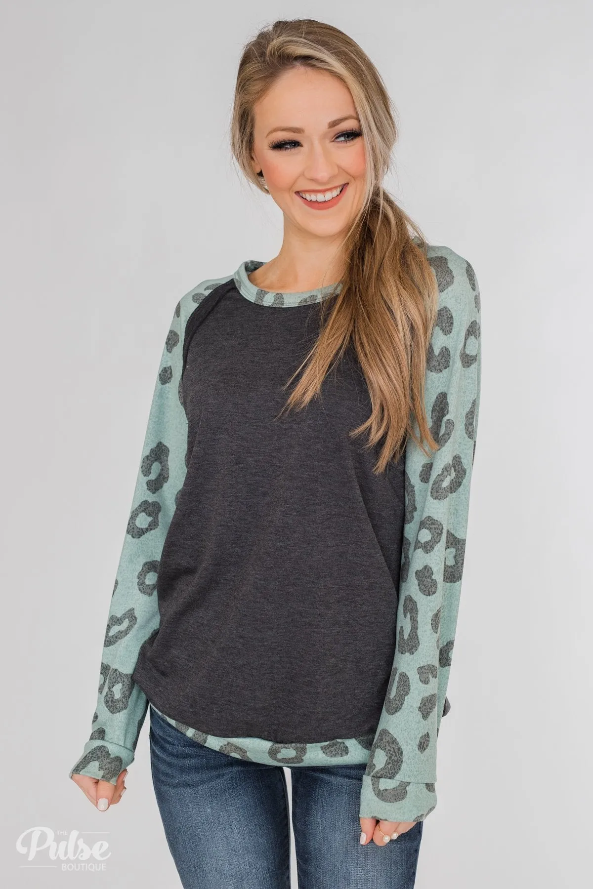 Leopard Raglan Long Sleeve Top- Soft Teal