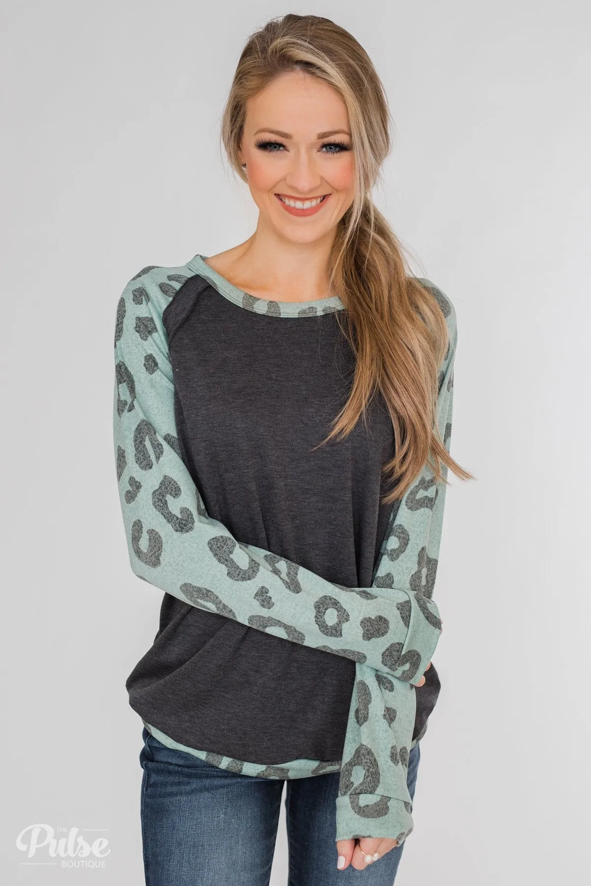 Leopard Raglan Long Sleeve Top- Soft Teal