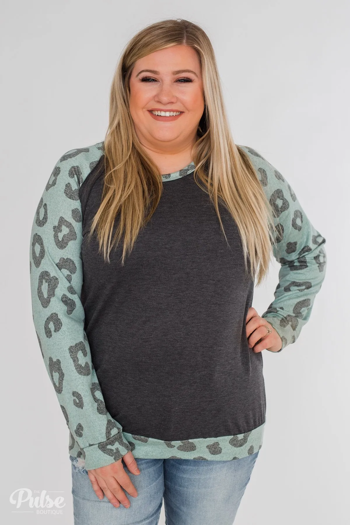 Leopard Raglan Long Sleeve Top- Soft Teal