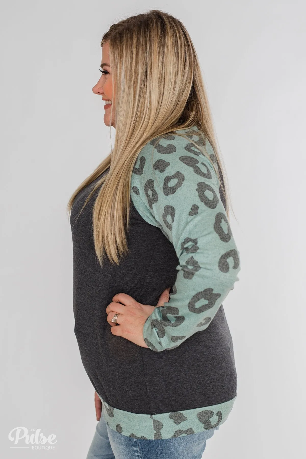 Leopard Raglan Long Sleeve Top- Soft Teal