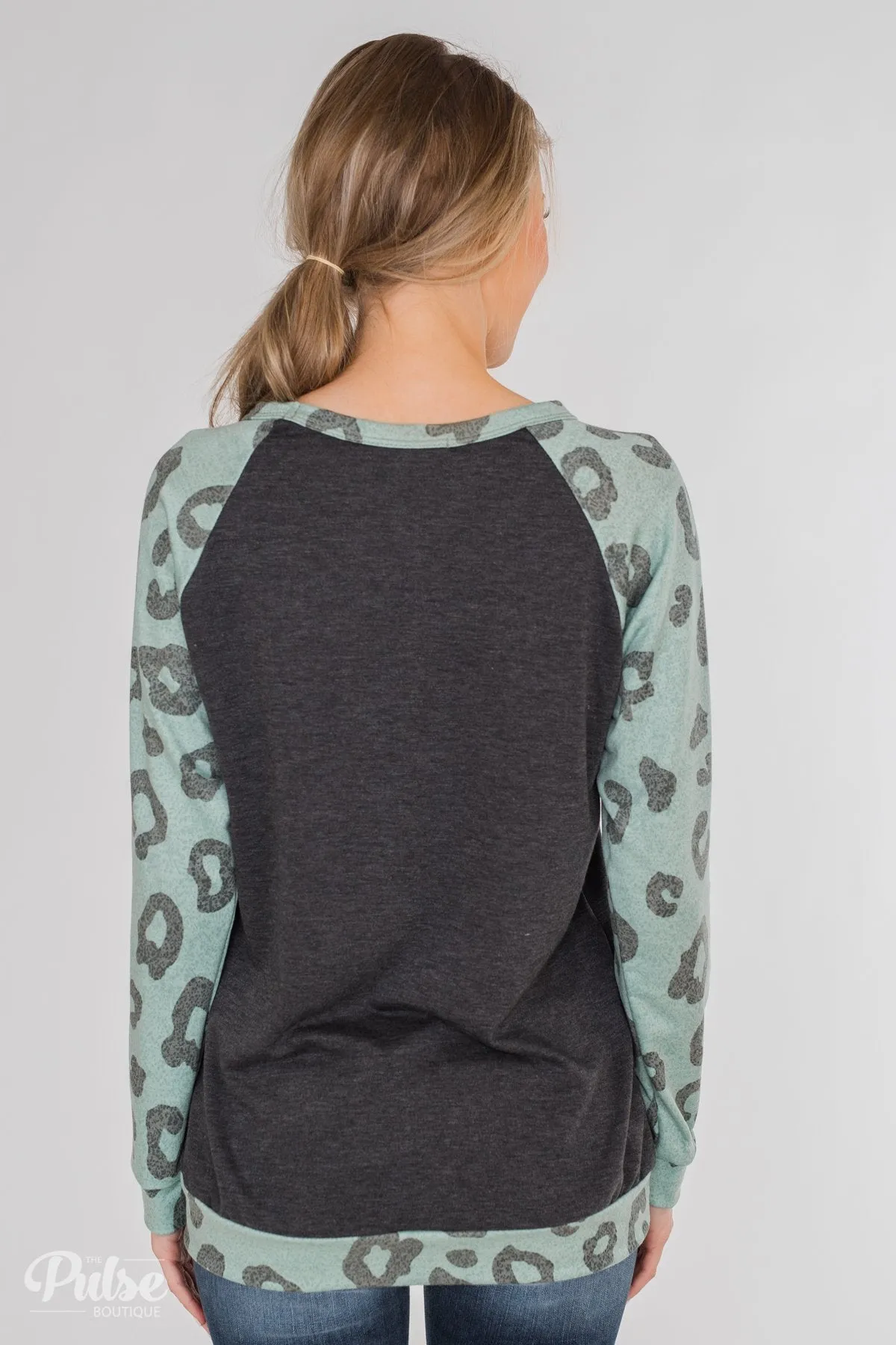 Leopard Raglan Long Sleeve Top- Soft Teal