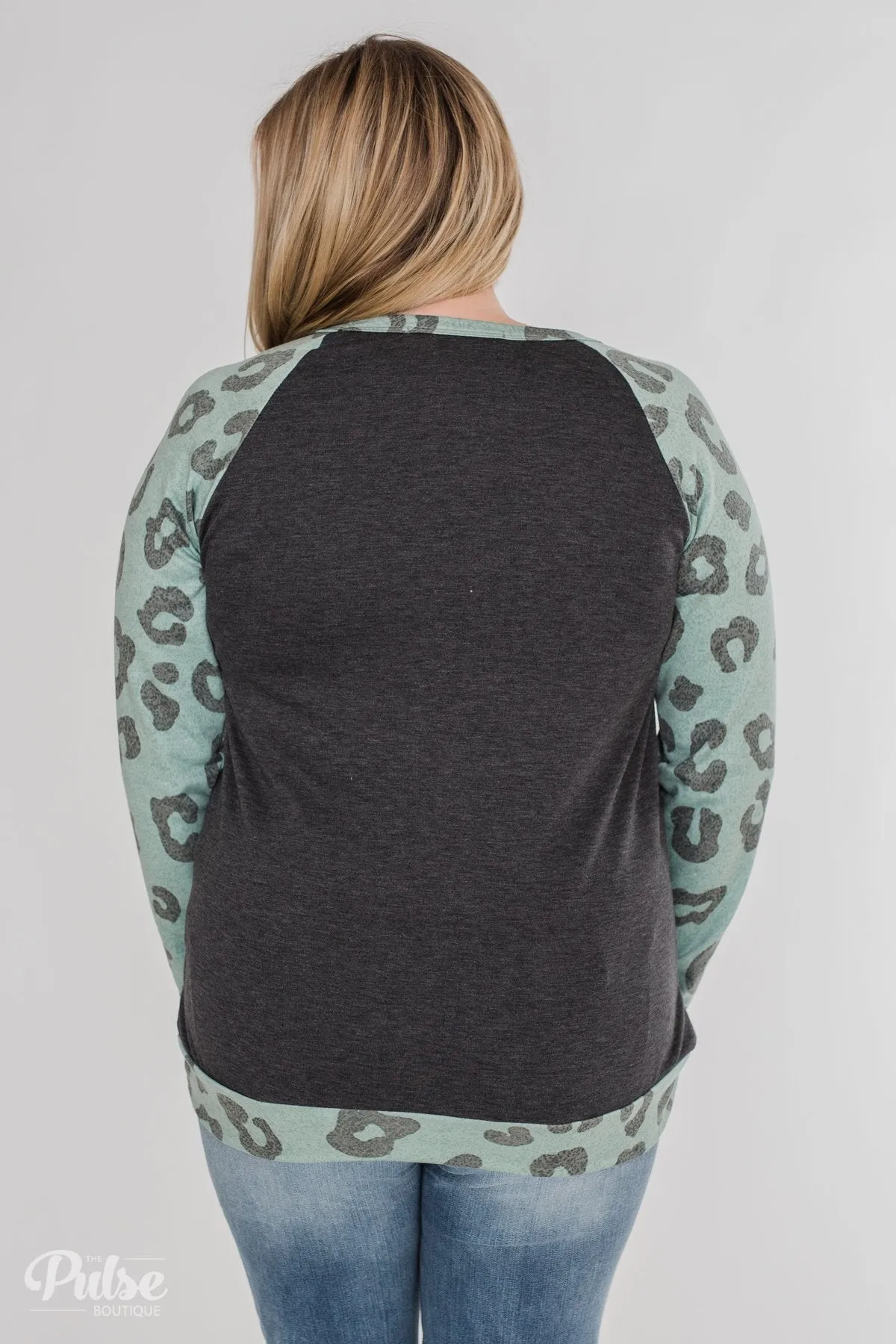Leopard Raglan Long Sleeve Top- Soft Teal