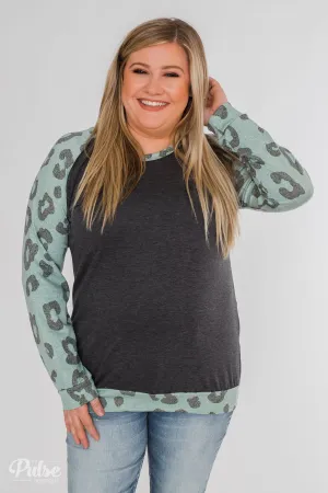 Leopard Raglan Long Sleeve Top- Soft Teal