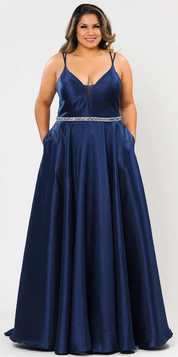 Lindas W1106 Long Spaghetti Straps Corset Rhinestone Waist Dress with Pockets