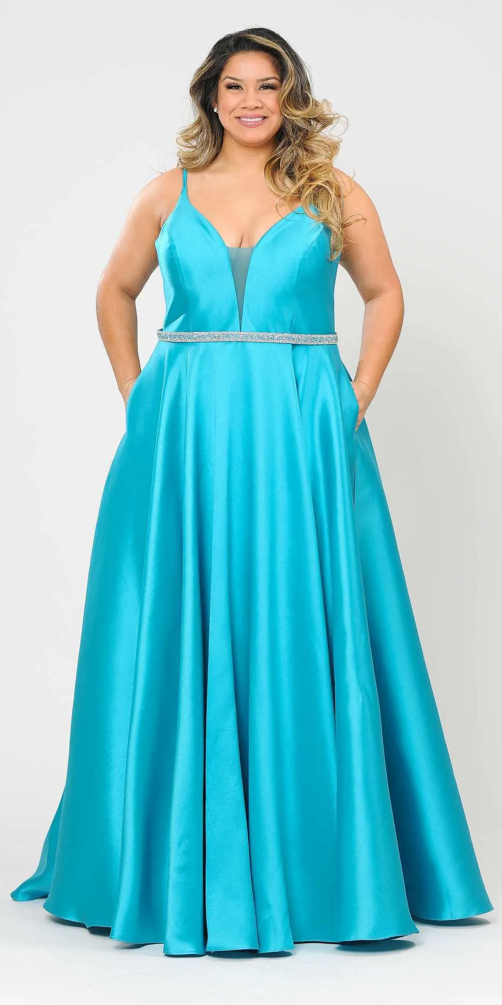 Lindas W1106 Long Spaghetti Straps Corset Rhinestone Waist Dress with Pockets