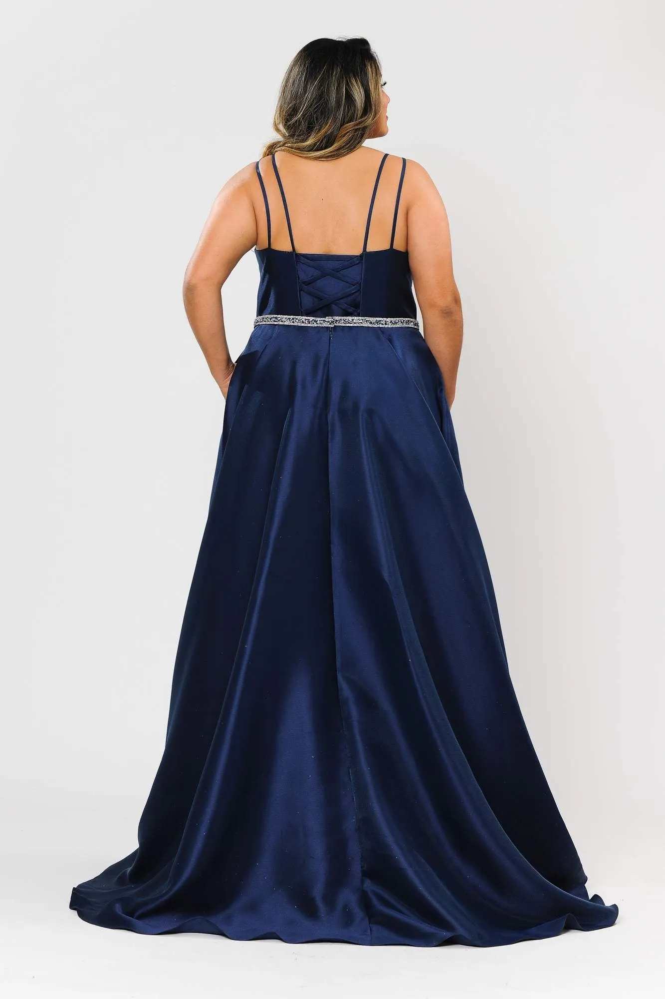Lindas W1106 Long Spaghetti Straps Corset Rhinestone Waist Dress with Pockets