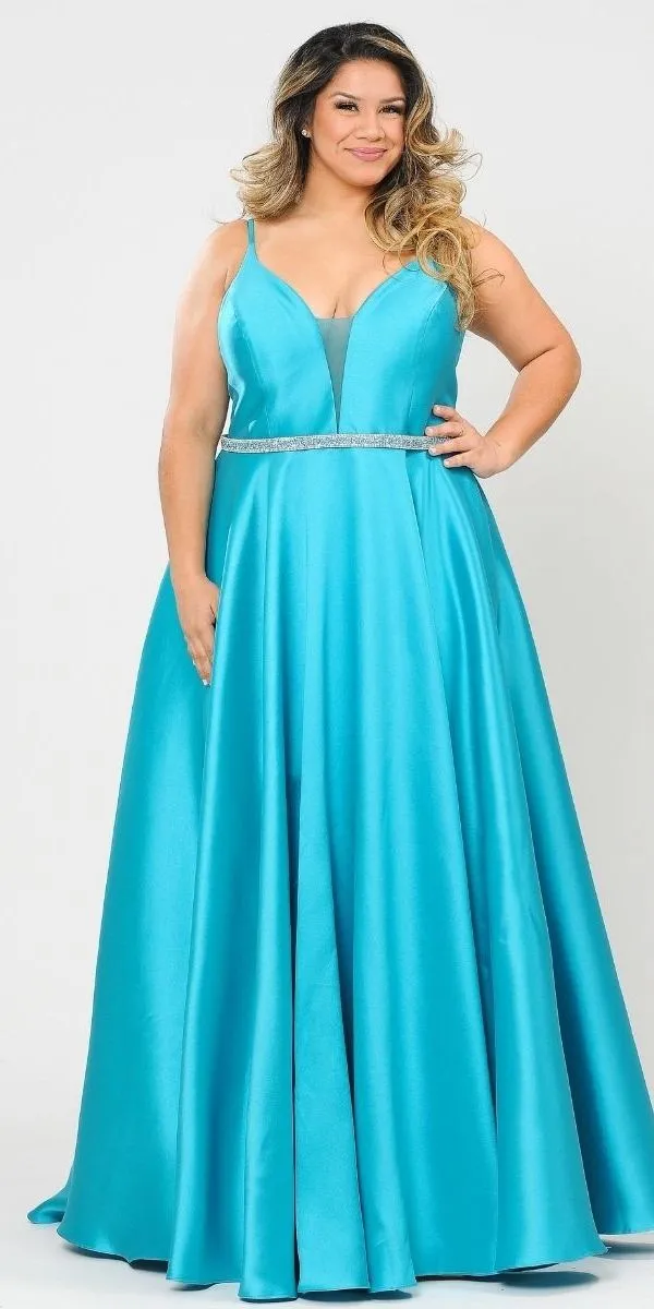 Lindas W1106 Long Spaghetti Straps Corset Rhinestone Waist Dress with Pockets