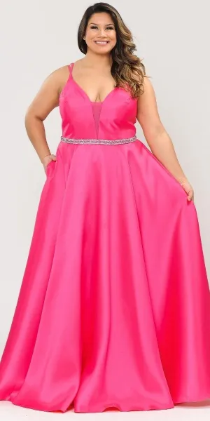 Lindas W1106 Long Spaghetti Straps Corset Rhinestone Waist Dress with Pockets