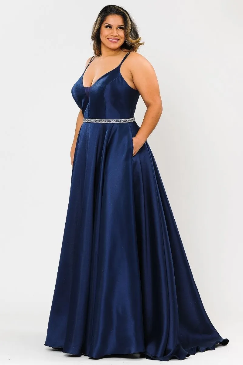 Lindas W1106 Long Spaghetti Straps Corset Rhinestone Waist Dress with Pockets