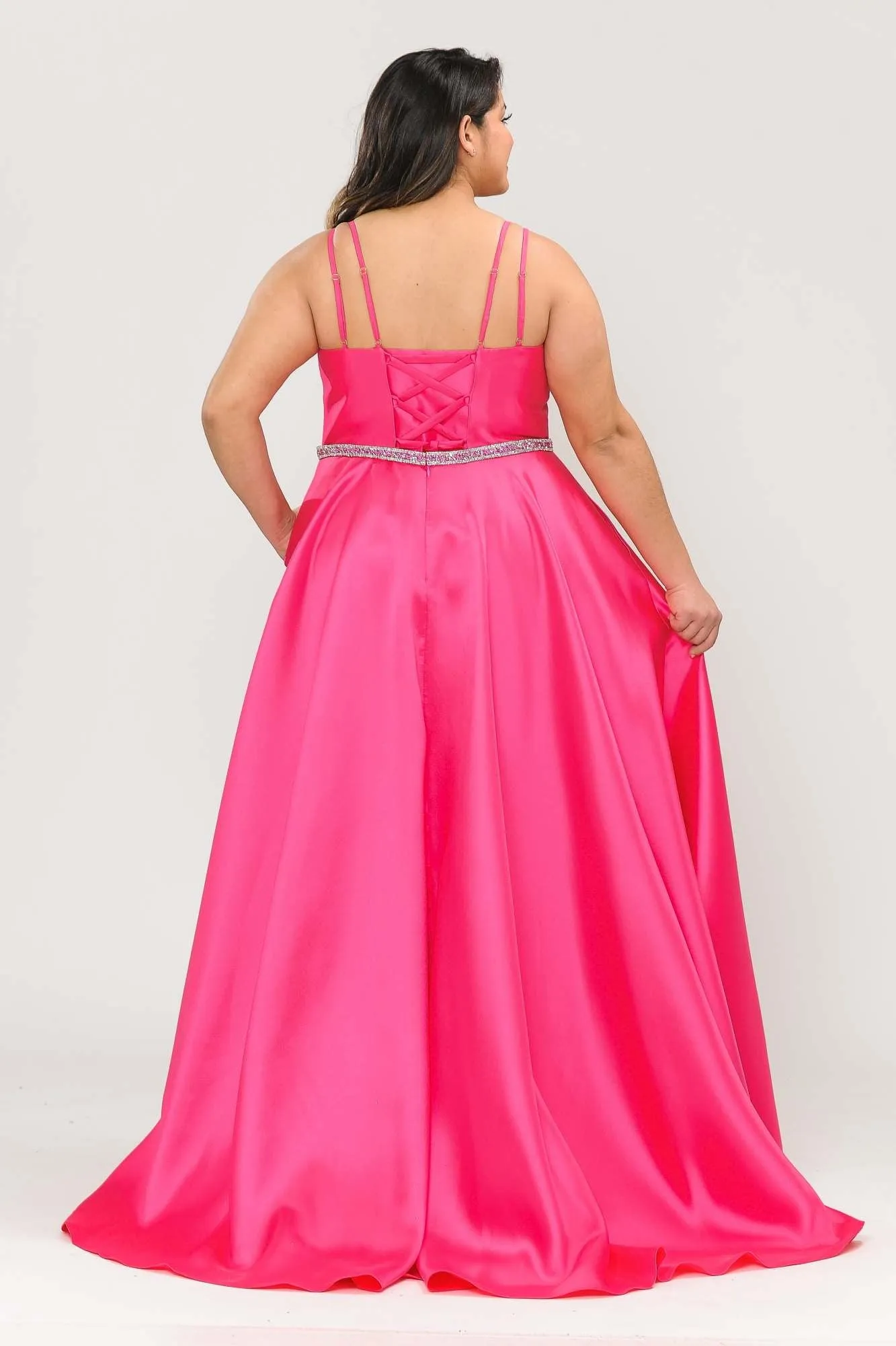 Lindas W1106 Long Spaghetti Straps Corset Rhinestone Waist Dress with Pockets