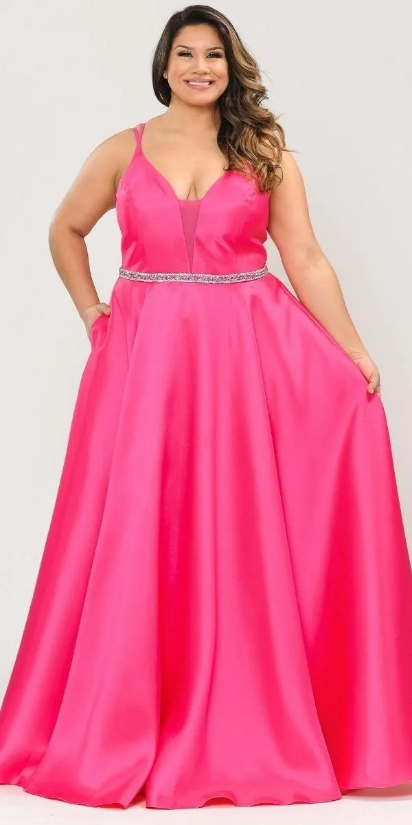 Lindas W1106 Long Spaghetti Straps Corset Rhinestone Waist Dress with Pockets