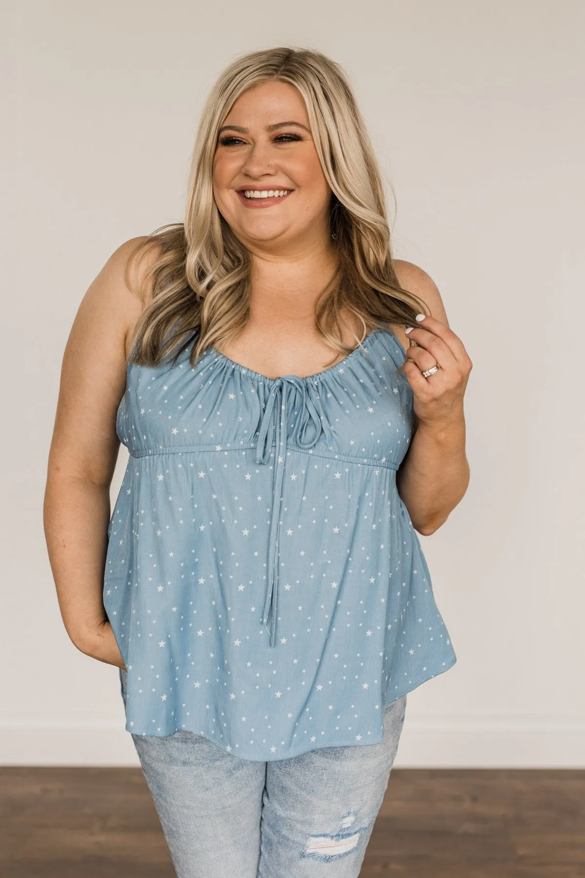Look To The Stars Tie Tank Top- Denim Blue