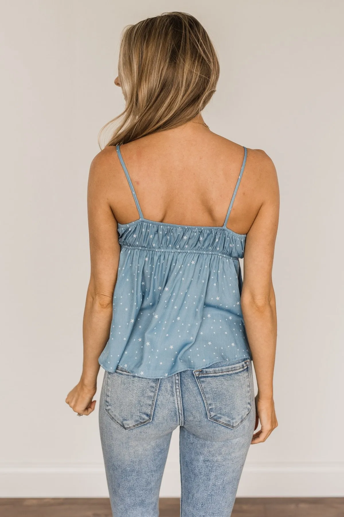 Look To The Stars Tie Tank Top- Denim Blue