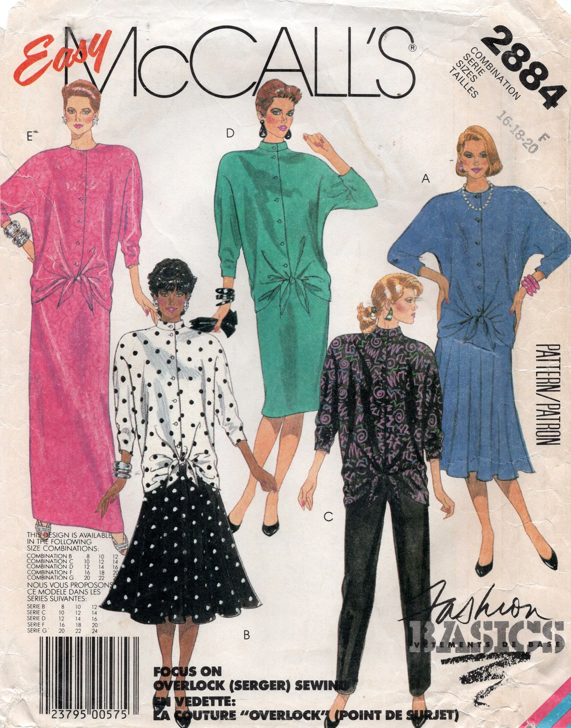 McCall's 2884 Womens Drop Waisted Tie Front Top Skirt & Pants 1980s Vintage Sewing Pattern Size 16 - 20