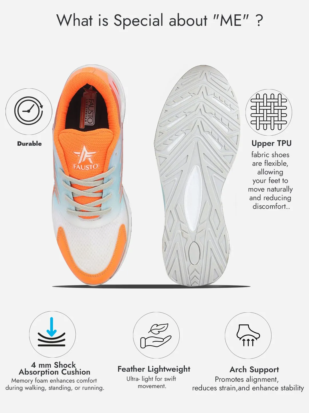 Men Orange Colorblocked Lace Up Sneakers| Sports Running Shoes|Anti-Skid Phylon Sole|Lace-Up Athleisure Shoes|Walking Shoes