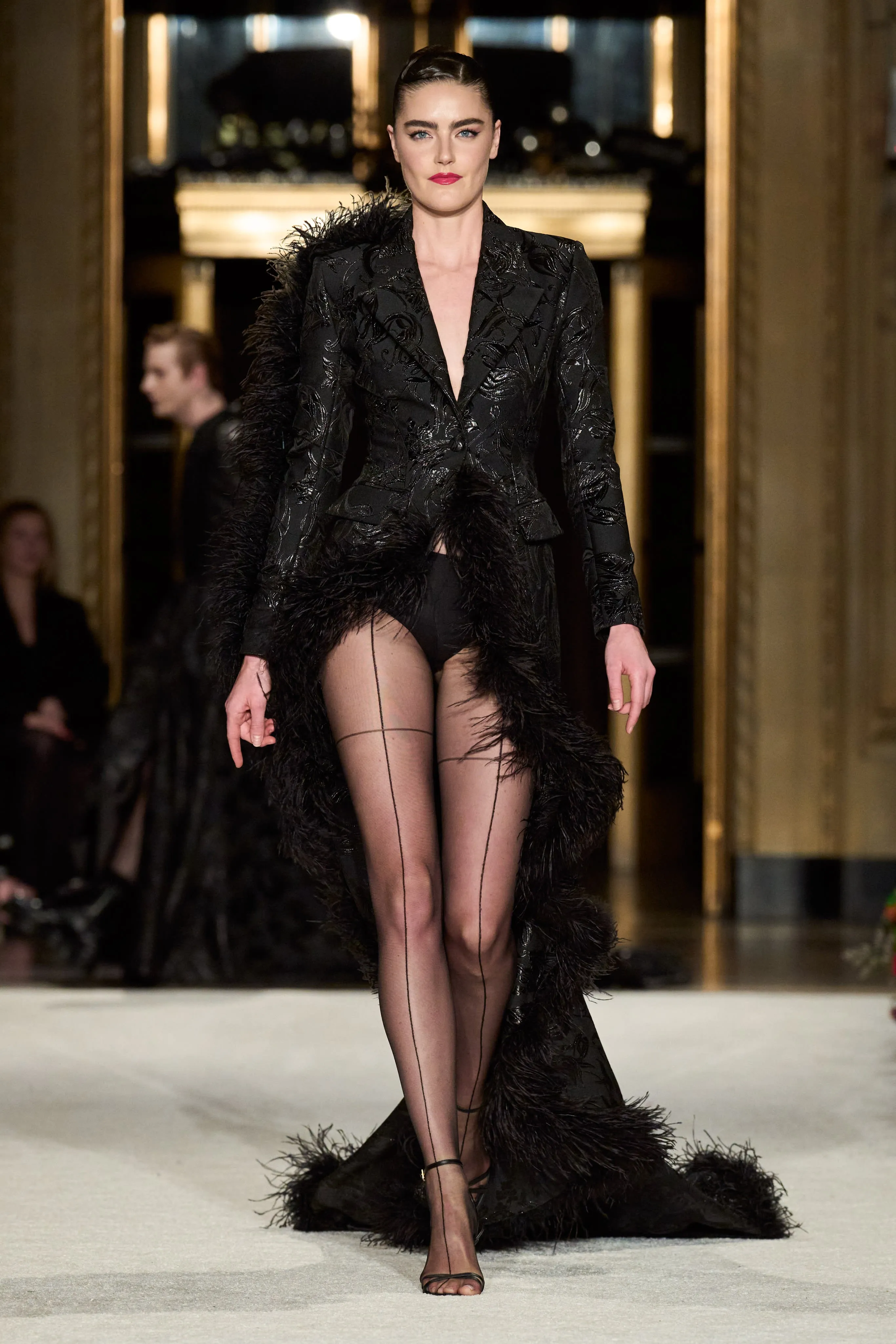 Metallic Brocade Asymmetrical Feather Trim Blazer