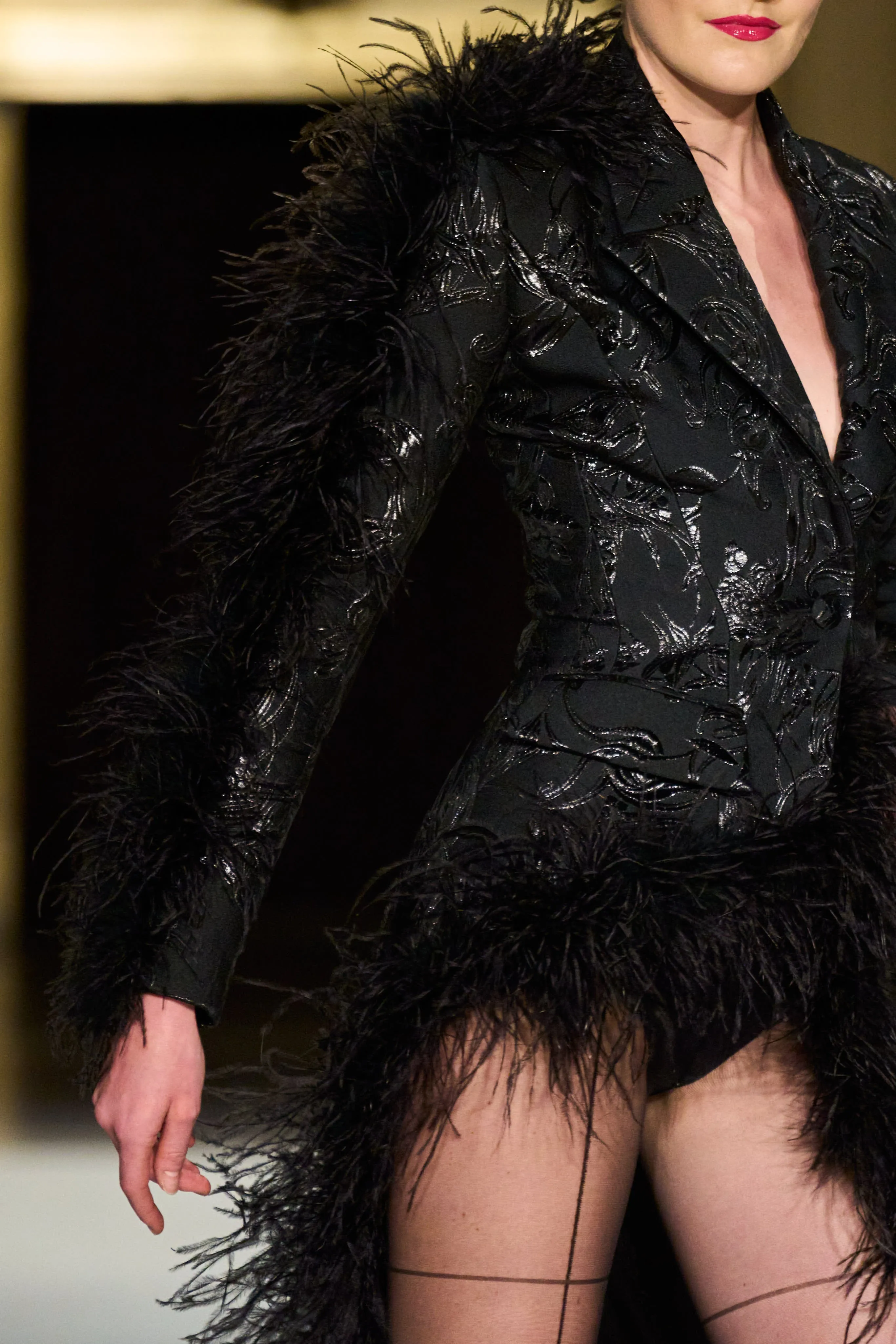 Metallic Brocade Asymmetrical Feather Trim Blazer