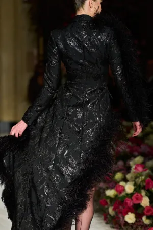 Metallic Brocade Asymmetrical Feather Trim Blazer