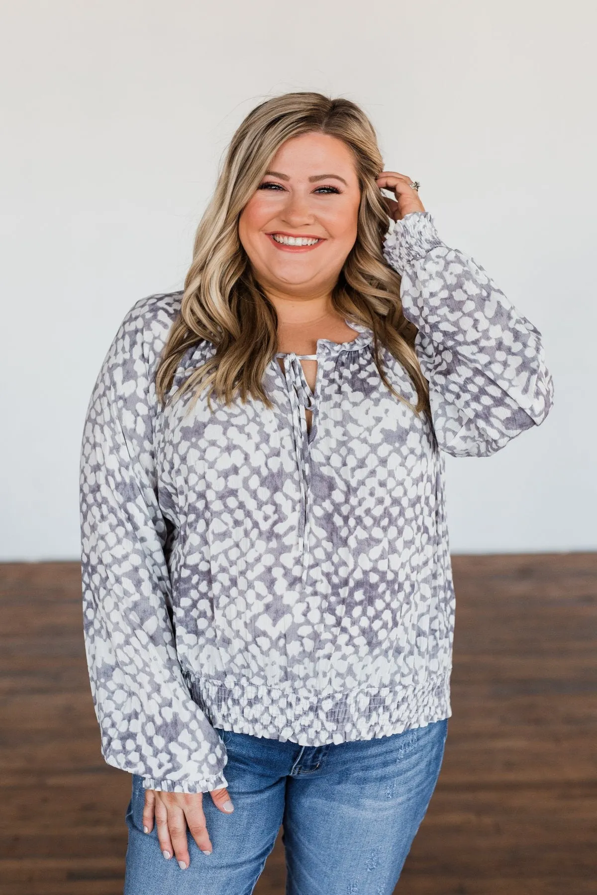 Never Look Back Long Sleeve Leopard Top- Grey & Ivory