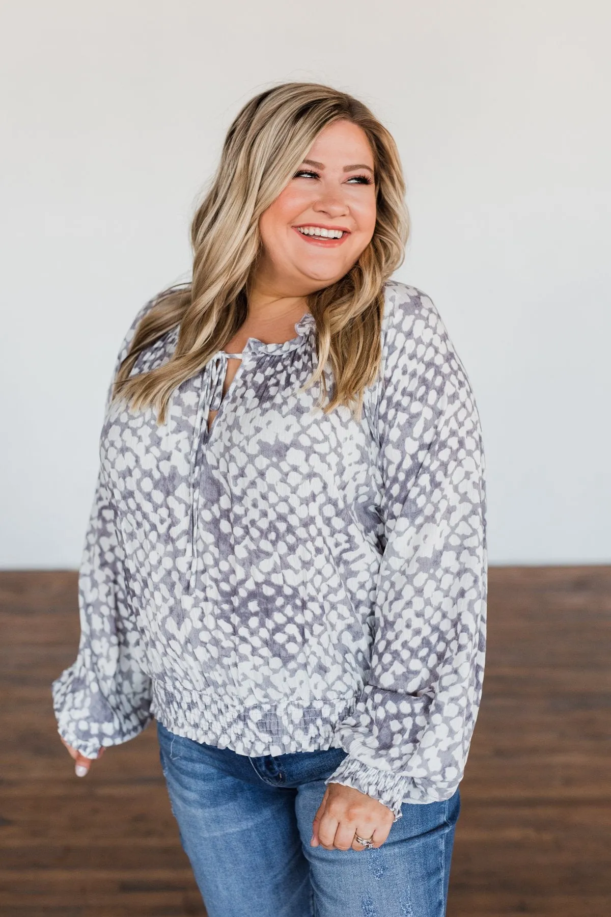 Never Look Back Long Sleeve Leopard Top- Grey & Ivory