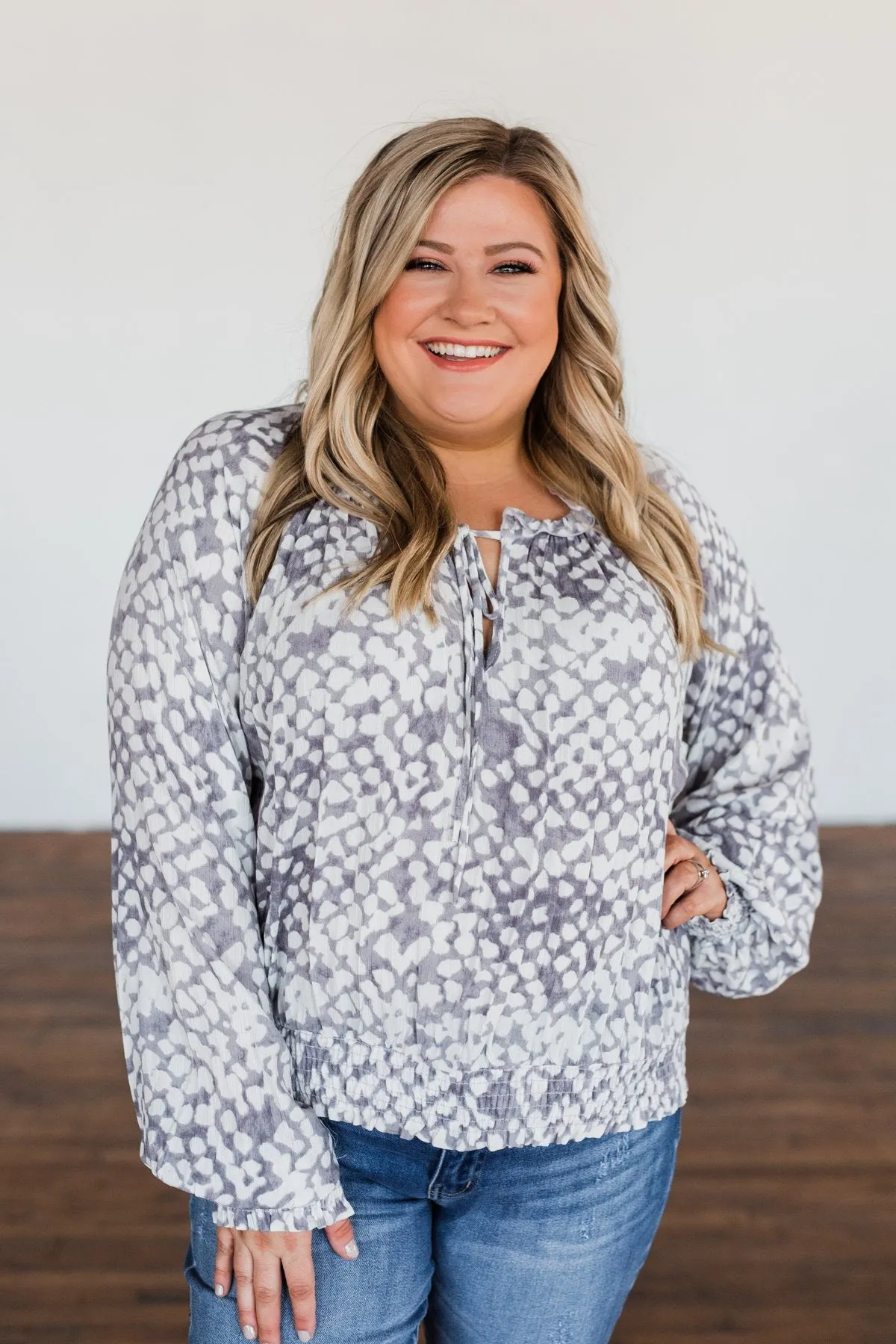 Never Look Back Long Sleeve Leopard Top- Grey & Ivory