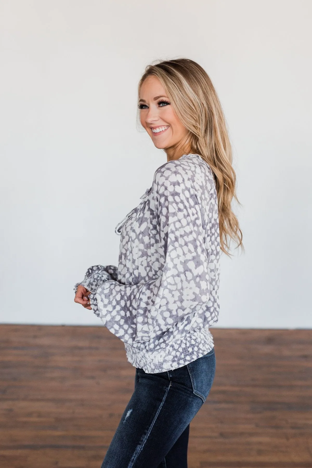 Never Look Back Long Sleeve Leopard Top- Grey & Ivory