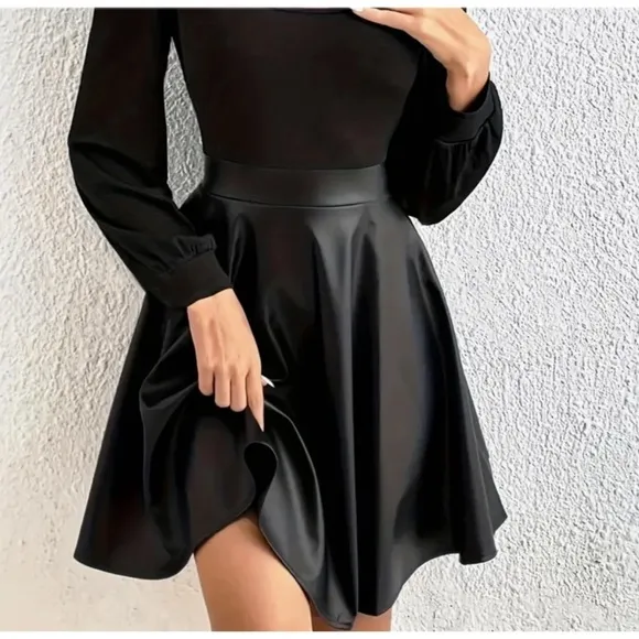 NEW! Black Faux Leather High Waisted Pleated Elegant Skirt (Hits at the knee)
