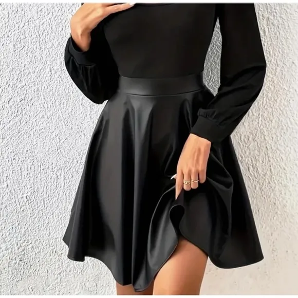NEW! Black Faux Leather High Waisted Pleated Elegant Skirt (Hits at the knee)