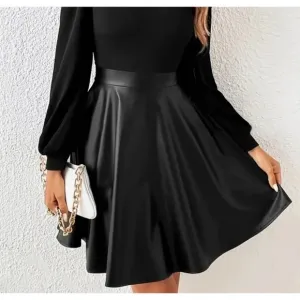 NEW! Black Faux Leather High Waisted Pleated Elegant Skirt (Hits at the knee)