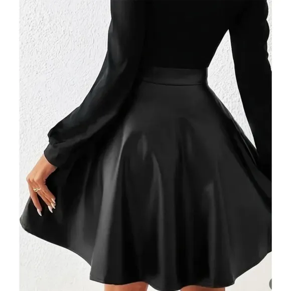 NEW! Black Faux Leather High Waisted Pleated Elegant Skirt (Hits at the knee)