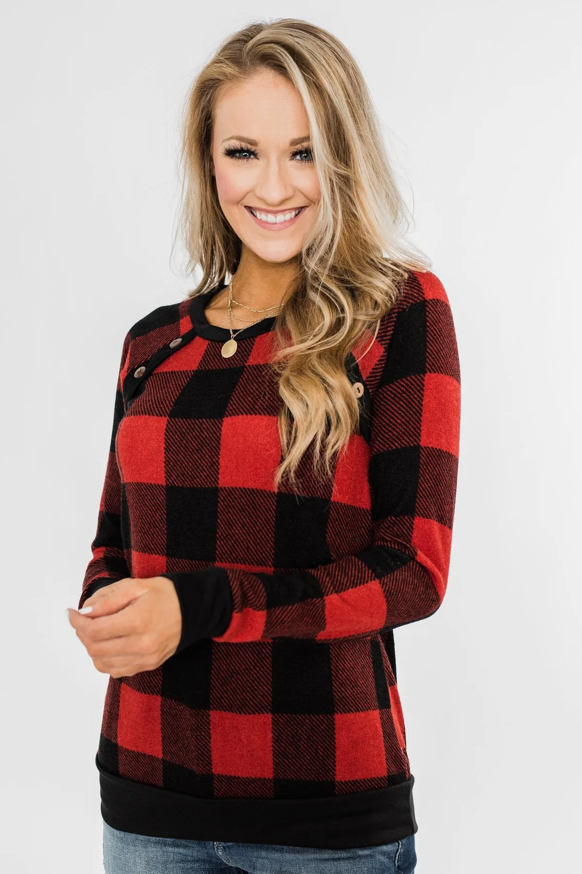 On My Mind Button Detail Top- Buffalo Plaid