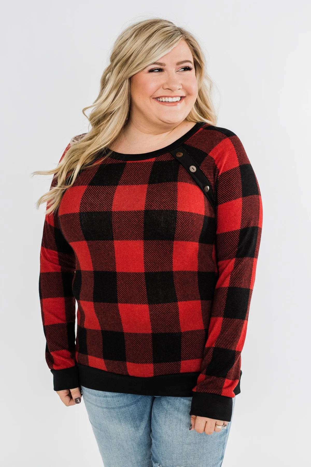 On My Mind Button Detail Top- Buffalo Plaid