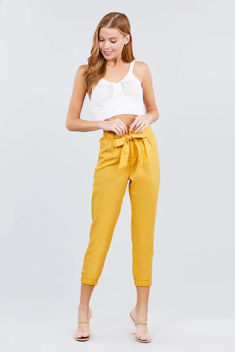 Paperbag W/bow Tie Elastic Hem Long Linen Pants