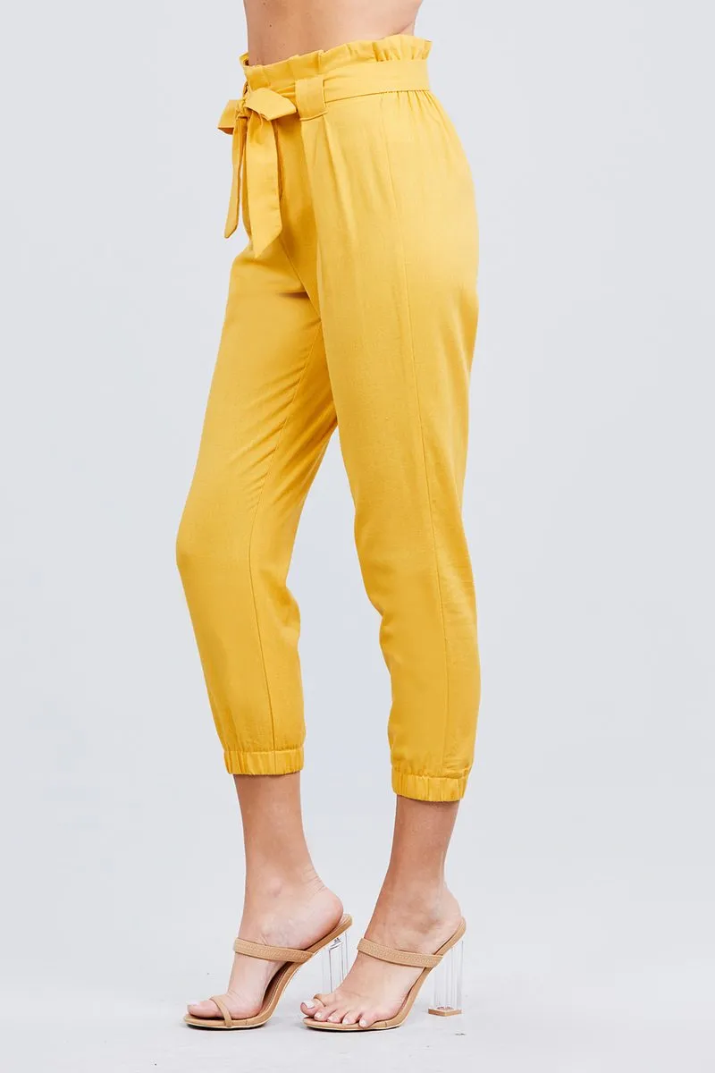Paperbag W/bow Tie Elastic Hem Long Linen Pants