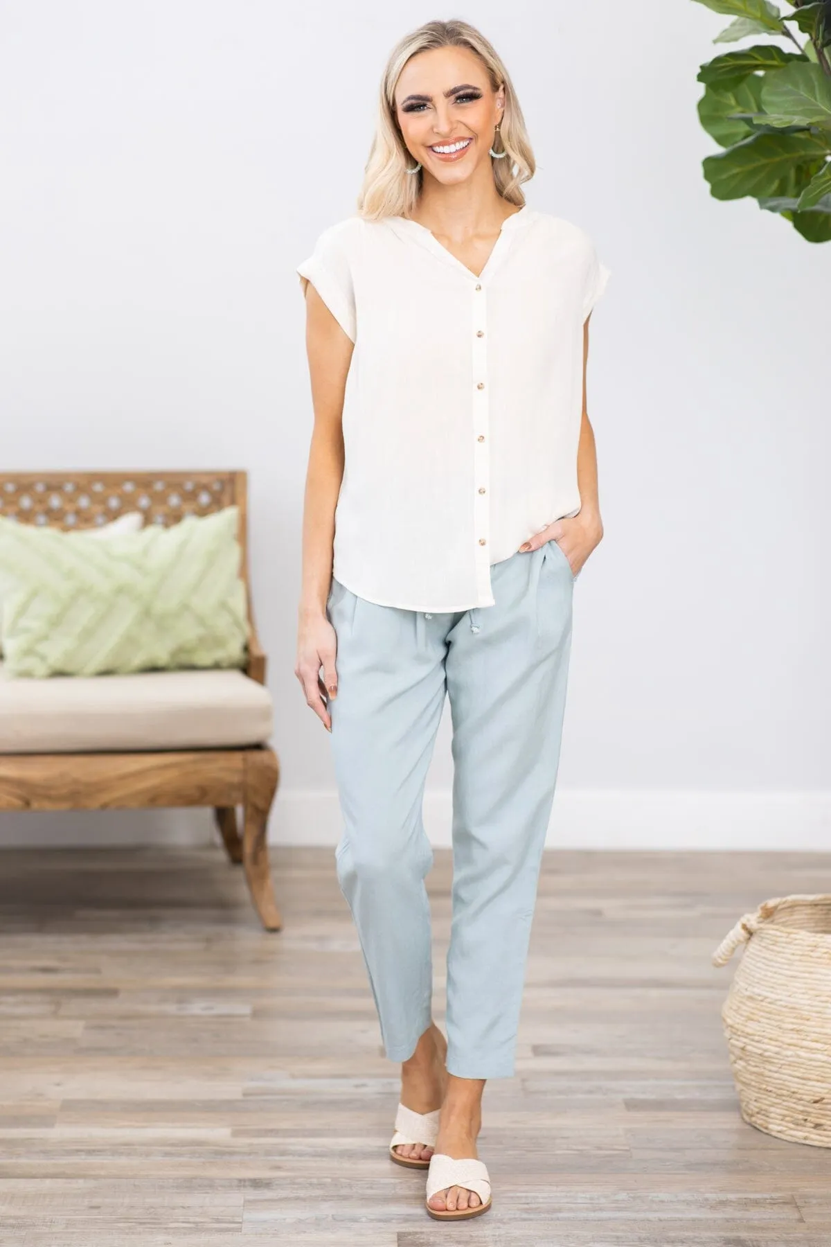 Pastel Blue Elastic Waist Tapered Leg Pant