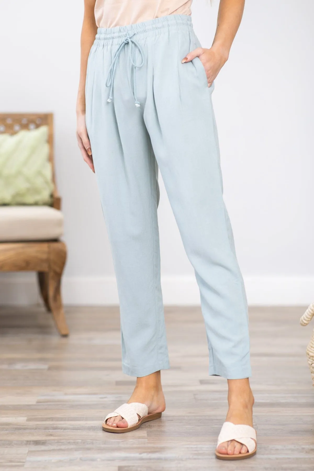 Pastel Blue Elastic Waist Tapered Leg Pant