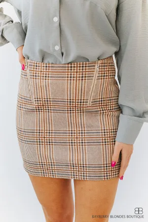Plaid Mini Skirt-Grey and Tan W/Silver Zippers