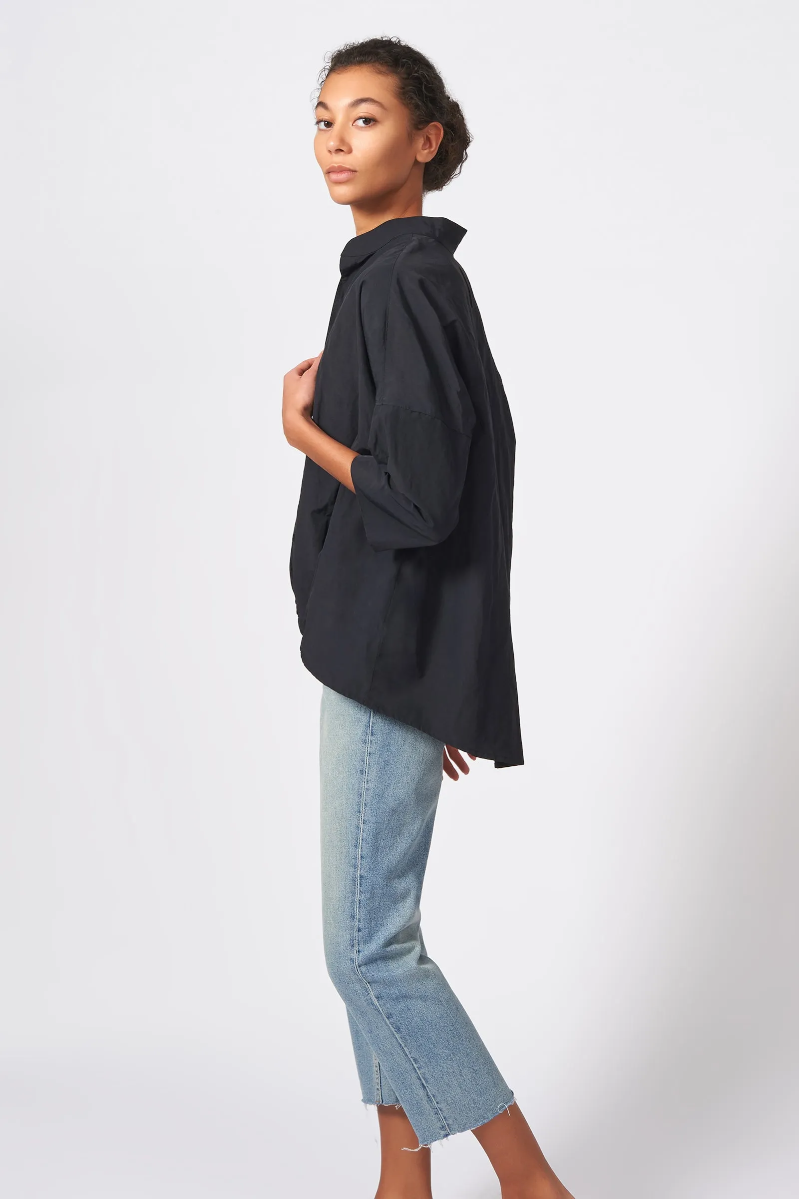 Pleat Hem Kimono - Black Cotton Nylon