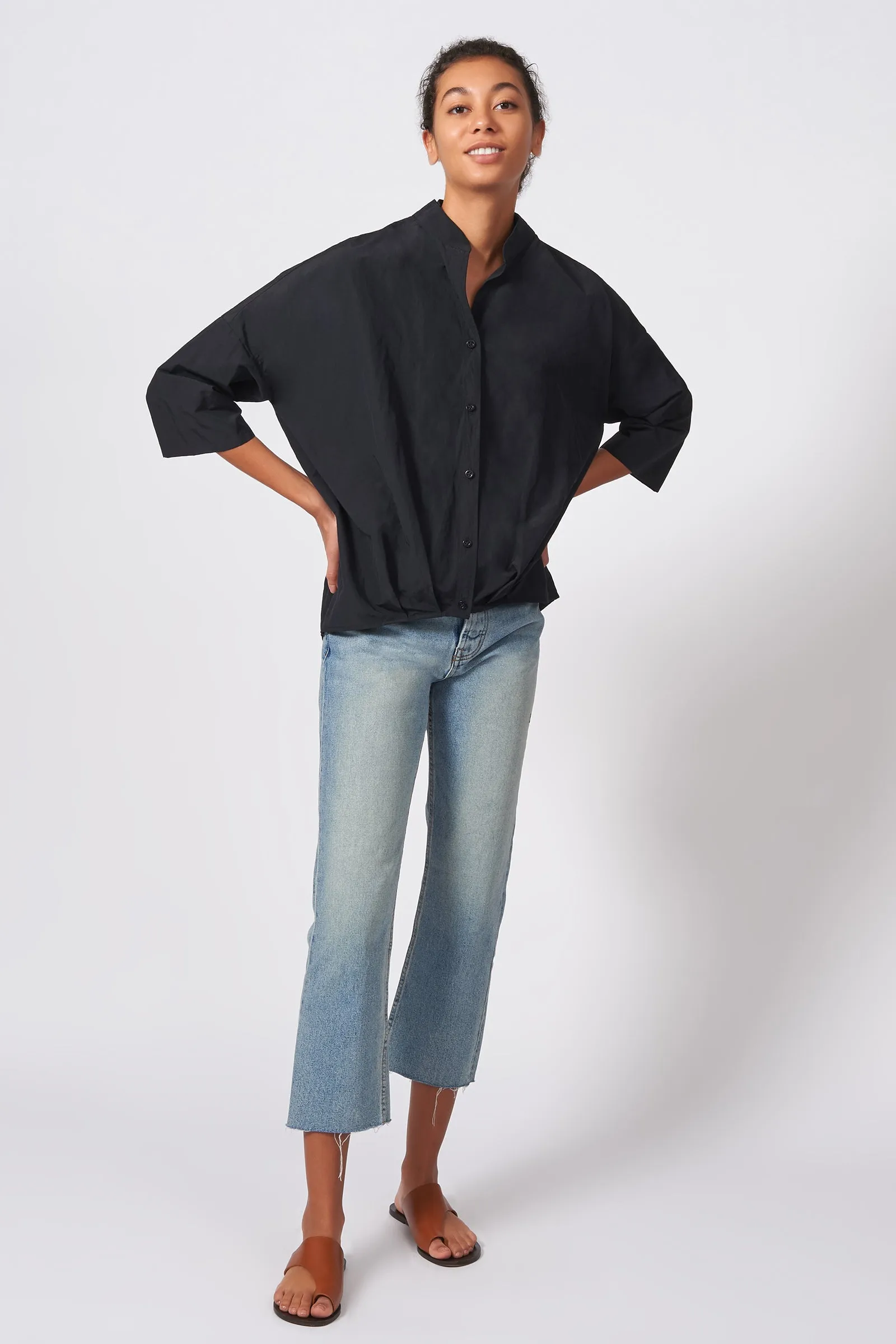 Pleat Hem Kimono - Black Cotton Nylon